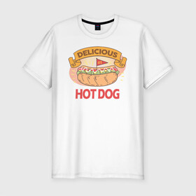 Мужская футболка хлопок Slim с принтом Delicious Hot Dog в Тюмени, 92% хлопок, 8% лайкра | приталенный силуэт, круглый вырез ворота, длина до линии бедра, короткий рукав | burgers | delicious | hot dog | вредная еда | еда