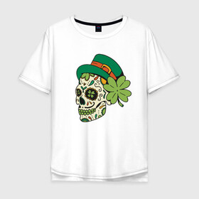 Мужская футболка хлопок Oversize с принтом Череп в стиле Святого Патрика в Тюмени, 100% хлопок | свободный крой, круглый ворот, “спинка” длиннее передней части | Тематика изображения на принте: calavera | clover | ireland | irish | kiss me im irish | lucky | muertos | skulls | st patrick | sugar skull | день мёртвых | день святого патрика | ирландец | ирландия | калавера | клевер | сахарный череп | удача | череп в шляпе | черепа | чет