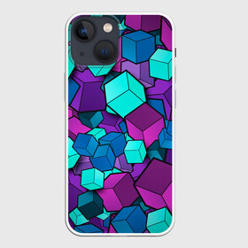 Чехол для iPhone 13 mini с принтом СИРЕНЕВЫЕ КУБЫ в Тюмени,  |  | blue | cube | geometry | геометрия | квадраты | кубики | кубы | паттерн | синий | сиреневый | текстуры | фиолетовый