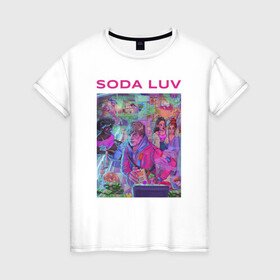 Женская футболка хлопок с принтом SODA LUV в Тюмени, 100% хлопок | прямой крой, круглый вырез горловины, длина до линии бедер, слегка спущенное плечо | Тематика изображения на принте: luv | melon | music | soda | sodaluv | бигасс | коми | лав | лого | лув | мелон | сода