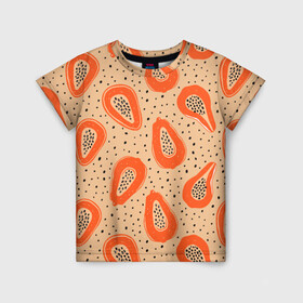Детская футболка 3D с принтом Папайя в Тюмени, 100% гипоаллергенный полиэфир | прямой крой, круглый вырез горловины, длина до линии бедер, чуть спущенное плечо, ткань немного тянется | Тематика изображения на принте: papaya | морская | папайя | паттерн | с папаем | фрукт