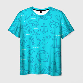 Мужская футболка 3D с принтом Морская тема в Тюмени, 100% полиэфир | прямой крой, круглый вырез горловины, длина до линии бедер | креветки | круг | морская живность | морское | пальмы | раки | ракушки | рыбы | спасательный | черепашки | штурвал