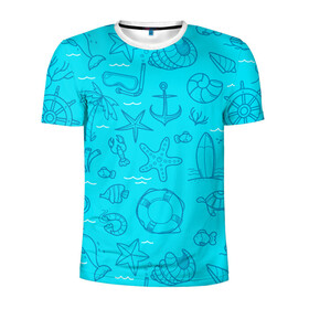 Мужская футболка 3D спортивная с принтом Морская тема в Тюмени, 100% полиэстер с улучшенными характеристиками | приталенный силуэт, круглая горловина, широкие плечи, сужается к линии бедра | креветки | круг | морская живность | морское | пальмы | раки | ракушки | рыбы | спасательный | черепашки | штурвал