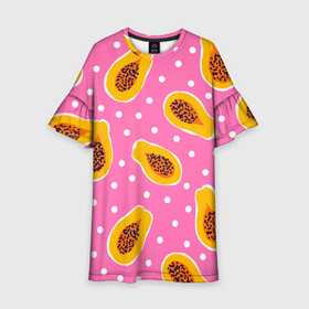 Детское платье 3D с принтом Папайя на розовом в Тюмени, 100% полиэстер | прямой силуэт, чуть расширенный к низу. Круглая горловина, на рукавах — воланы | Тематика изображения на принте: papaya | морская | папайя | паттерн | с папаем | фрукт