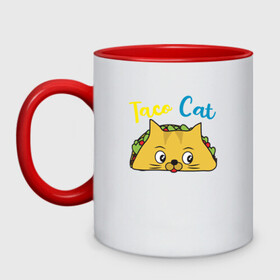 Кружка двухцветная с принтом Taco Cat в Тюмени, керамика | объем — 330 мл, диаметр — 80 мм. Цветная ручка и кайма сверху, в некоторых цветах — вся внутренняя часть | animal | cat | cute | kitty | meow | taco | друг | животные | киска | китти | кот | котенок | котик | котэ | кошечка | кошка | милый | мур | мяу | питомец | тако