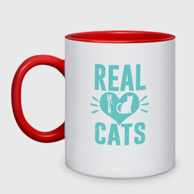 Кружка двухцветная с принтом Real Cats в Тюмени, керамика | объем — 330 мл, диаметр — 80 мм. Цветная ручка и кайма сверху, в некоторых цветах — вся внутренняя часть | animal | cat | cute | kitty | meow | друг | животные | киска | китти | кот | котенок | котик | котэ | кошечка | кошка | милый | мур | мяу | питомец