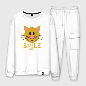 Мужской костюм хлопок с принтом Smile Cat в Тюмени, 100% хлопок | на свитшоте круглая горловина, мягкая резинка по низу. Брюки заужены к низу, на них два вида карманов: два “обычных” по бокам и два объемных, с клапанами, расположенные ниже линии бедра. Брюки с мягкой трикотажной резинкой на поясе и по низу штанин. В поясе для дополнительного комфорта — широкие завязки | animal | cat | cute | kitty | meow | smile | друг | животные | киска | китти | кот | котенок | котик | котэ | кошечка | кошка | милый | мур | мяу | питомец