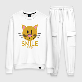 Женский костюм хлопок с принтом Smile Cat в Тюмени, 100% хлопок | на свитшоте круглая горловина, мягкая резинка по низу. Брюки заужены к низу, на них два вида карманов: два 