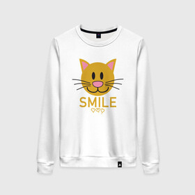 Женский свитшот хлопок с принтом Smile Cat в Тюмени, 100% хлопок | прямой крой, круглый вырез, на манжетах и по низу широкая трикотажная резинка  | animal | cat | cute | kitty | meow | smile | друг | животные | киска | китти | кот | котенок | котик | котэ | кошечка | кошка | милый | мур | мяу | питомец