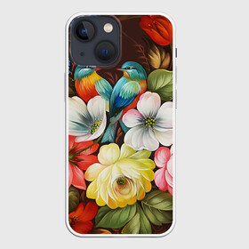 Чехол для iPhone 13 mini с принтом Две птички и цветы в Тюмени,  |  | декоративная роспись | живопись | жостово | жостовская роспись | птицы | розы | цветы