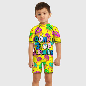 Детский купальный костюм 3D с принтом DONUTS в Тюмени, Полиэстер 85%, Спандекс 15% | застежка на молнии на спине | candys | children | donut | dreaming | food | rainbow | stop | вкусняшки | детские | еда | желтый | крем | мечты | надписи | пончики | сладости | текстуры