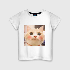 Детская футболка хлопок с принтом Мем про котов в Тюмени, 100% хлопок | круглый вырез горловины, полуприлегающий силуэт, длина до линии бедер | Тематика изображения на принте: белый | кот | мем | милый | прикол