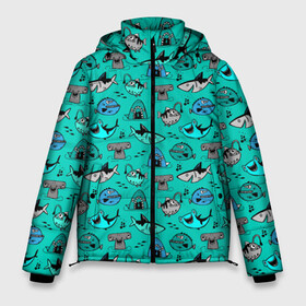 Мужская зимняя куртка 3D с принтом Морские рыбки в Тюмени, верх — 100% полиэстер; подкладка — 100% полиэстер; утеплитель — 100% полиэстер | длина ниже бедра, свободный силуэт Оверсайз. Есть воротник-стойка, отстегивающийся капюшон и ветрозащитная планка. 

Боковые карманы с листочкой на кнопках и внутренний карман на молнии. | Тематика изображения на принте: акула | кит | море | рыба | рыба молот | рыбки