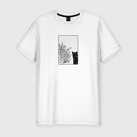 Мужская футболка хлопок Slim с принтом Котик и цветок в Тюмени, 92% хлопок, 8% лайкра | приталенный силуэт, круглый вырез ворота, длина до линии бедра, короткий рукав | cat | животные | звери | кошка | прикольный кот | природа | растение | цветок