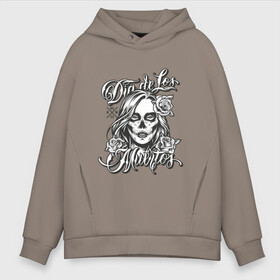 Мужское худи Oversize хлопок с принтом Dia de los muertos в Тюмени, френч-терри — 70% хлопок, 30% полиэстер. Мягкий теплый начес внутри —100% хлопок | боковые карманы, эластичные манжеты и нижняя кромка, капюшон на магнитной кнопке | Тематика изображения на принте: девушка | мексиканский стиль | розы | тату | череп