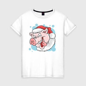 Женская футболка хлопок с принтом Отвязный Джек в Тюмени, 100% хлопок | прямой крой, круглый вырез горловины, длина до линии бедер, слегка спущенное плечо | новый год | поросёнок | праздник | рождество | свинья | сочельник
