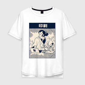 Мужская футболка хлопок Oversize с принтом Картина Самурай с 3D принтером в Тюмени, 100% хлопок | свободный крой, круглый ворот, “спинка” длиннее передней части | Тематика изображения на принте: 3д принтер | art | cat | cyberpunk samurai | neko | ninja | oni | ronin | samurai | shogun | арт | киберпанк самурай | мерч | мужик | мужчина | неко | прикол | путь воина | путь война | ронин | сёгун | сепукку | токио | харакири