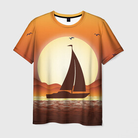 Мужская футболка 3D с принтом Кораблик на закате в Тюмени, 100% полиэфир | прямой крой, круглый вырез горловины, длина до линии бедер | sailboat | ship | ships | кораблик | корабль | лодка | парус | парусная лодка | тату | татуировка