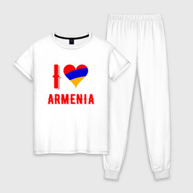 Женская пижама хлопок с принтом I Love Armenia в Тюмени, 100% хлопок | брюки и футболка прямого кроя, без карманов, на брюках мягкая резинка на поясе и по низу штанин | armenia | armenya | love | арарат | армения | армяне | армянин | арцах | горы | ереван | кавказ | любовь | народ | саркисян | сердце | ссср | страна | флаг