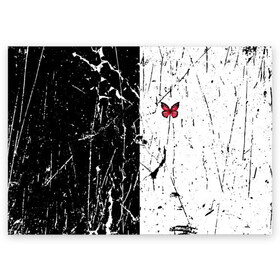 Поздравительная открытка с принтом ЧБ ГРАНЖ RED BUTTERFLY (Z) в Тюмени, 100% бумага | плотность бумаги 280 г/м2, матовая, на обратной стороне линовка и место для марки
 | abstract | geometry | geometry stripes | grunge | red butterfly | texture | абстракция | бабочка | брызги | геометрические полосы | геометрия | гранж | краска | красная бабочка | потертости | текстура