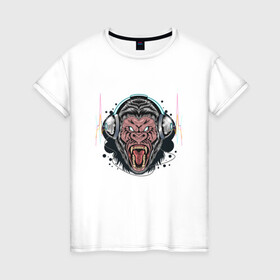 Женская футболка хлопок с принтом Gorilla Music в Тюмени, 100% хлопок | прямой крой, круглый вырез горловины, длина до линии бедер, слегка спущенное плечо | gorilla | music | дикая горилла | животные | наушники