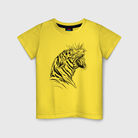 Детская футболка хлопок с принтом Чёрно белый рисунок тигра в Тюмени, 100% хлопок | круглый вырез горловины, полуприлегающий силуэт, длина до линии бедер | art | black and white | hunter | pantera | panthera | predator | russian tiger | tiger | амурский тигр | большая киса | большая кошка | иллюстрация | красная книга | охотник | пантера | полосатый тигр | русский тигр | рык