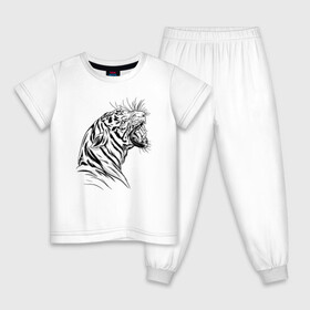 Детская пижама хлопок с принтом Чёрно белый рисунок тигра в Тюмени, 100% хлопок |  брюки и футболка прямого кроя, без карманов, на брюках мягкая резинка на поясе и по низу штанин
 | art | black and white | hunter | pantera | panthera | predator | russian tiger | tiger | амурский тигр | большая киса | большая кошка | иллюстрация | красная книга | охотник | пантера | полосатый тигр | русский тигр | рык