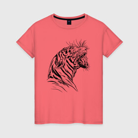 Женская футболка хлопок с принтом Чёрно белый рисунок тигра в Тюмени, 100% хлопок | прямой крой, круглый вырез горловины, длина до линии бедер, слегка спущенное плечо | art | black and white | hunter | pantera | panthera | predator | russian tiger | tiger | амурский тигр | большая киса | большая кошка | иллюстрация | красная книга | охотник | пантера | полосатый тигр | русский тигр | рык