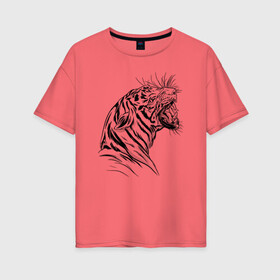 Женская футболка хлопок Oversize с принтом Чёрно белый рисунок тигра в Тюмени, 100% хлопок | свободный крой, круглый ворот, спущенный рукав, длина до линии бедер
 | art | black and white | hunter | pantera | panthera | predator | russian tiger | tiger | амурский тигр | большая киса | большая кошка | иллюстрация | красная книга | охотник | пантера | полосатый тигр | русский тигр | рык