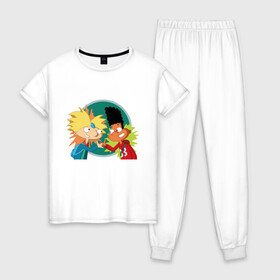 Женская пижама хлопок с принтом Hey Arnold!  в Тюмени, 100% хлопок | брюки и футболка прямого кроя, без карманов, на брюках мягкая резинка на поясе и по низу штанин | мульсериалы | мультфильмы 90 х | никелодеон | ностальгия | нулевые | эй арнольд