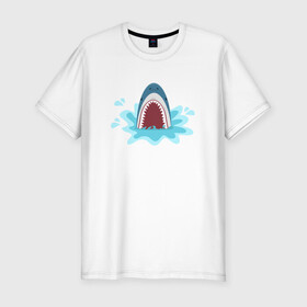 Мужская футболка хлопок Slim с принтом Акула из-под воды в Тюмени, 92% хлопок, 8% лайкра | приталенный силуэт, круглый вырез ворота, длина до линии бедра, короткий рукав | shark | акула | акулы | жители | клыки | море | морские | океан | рыба