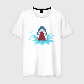Мужская футболка хлопок с принтом Акула из-под воды в Тюмени, 100% хлопок | прямой крой, круглый вырез горловины, длина до линии бедер, слегка спущенное плечо. | Тематика изображения на принте: shark | акула | акулы | жители | клыки | море | морские | океан | рыба