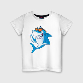 Детская футболка хлопок с принтом Акула в очках в Тюмени, 100% хлопок | круглый вырез горловины, полуприлегающий силуэт, длина до линии бедер | Тематика изображения на принте: shark | акула | акулы | жители | клыки | море | морские | океан | рыба