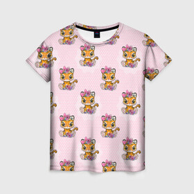 Женская футболка 3D с принтом Милые маленькие тигрицы в Тюмени, 100% полиэфир ( синтетическое хлопкоподобное полотно) | прямой крой, круглый вырез горловины, длина до линии бедер | девочка | милашка | милая | тигр | тигренок | тигрица