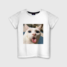 Детская футболка хлопок с принтом Мем про кота в Тюмени, 100% хлопок | круглый вырез горловины, полуприлегающий силуэт, длина до линии бедер | Тематика изображения на принте: белый киса | кашель | кот | мем | мерзость | милый | прикол | эмоции