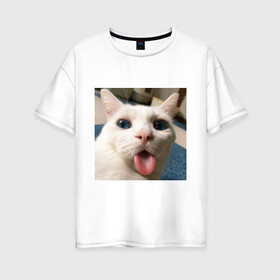 Женская футболка хлопок Oversize с принтом Мем про кота в Тюмени, 100% хлопок | свободный крой, круглый ворот, спущенный рукав, длина до линии бедер
 | Тематика изображения на принте: белый киса | кашель | кот | мем | мерзость | милый | прикол | эмоции