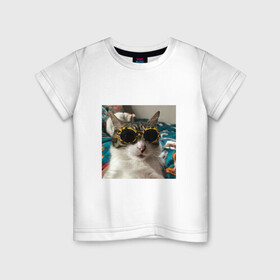 Детская футболка хлопок с принтом Мем про кота в Тюмени, 100% хлопок | круглый вырез горловины, полуприлегающий силуэт, длина до линии бедер | Тематика изображения на принте: в очках | киса селфи | кот | мем | милый | прикол