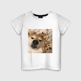 Детская футболка хлопок с принтом Мем про собак в Тюмени, 100% хлопок | круглый вырез горловины, полуприлегающий силуэт, длина до линии бедер | Тематика изображения на принте: белый | игрушки мягкие | мем | милый | прикол | сиба ину | собака