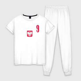 Женская пижама хлопок с принтом Lewandowski 9 в Тюмени, 100% хлопок | брюки и футболка прямого кроя, без карманов, на брюках мягкая резинка на поясе и по низу штанин | football | польша | польша футбол | футбол | футбольный клуб | футбольшый клуб польши