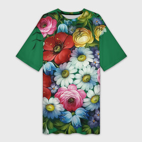 Платье-футболка 3D с принтом Ромашки на зеленом фоне в Тюмени,  |  | декоративная роспись | живопись | жостово | жостовская роспись | ромашки | цветы
