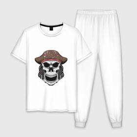 Мужская пижама хлопок с принтом Череп пирата в Тюмени, 100% хлопок | брюки и футболка прямого кроя, без карманов, на брюках мягкая резинка на поясе и по низу штанин
 | captain | pirate | skull | капитан | пират | череп | штурвал