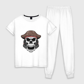 Женская пижама хлопок с принтом Череп пирата в Тюмени, 100% хлопок | брюки и футболка прямого кроя, без карманов, на брюках мягкая резинка на поясе и по низу штанин | captain | pirate | skull | капитан | пират | череп | штурвал
