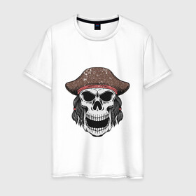 Мужская футболка хлопок с принтом Череп пирата в Тюмени, 100% хлопок | прямой крой, круглый вырез горловины, длина до линии бедер, слегка спущенное плечо. | captain | pirate | skull | капитан | пират | череп | штурвал
