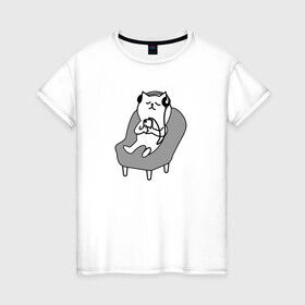 Женская футболка хлопок с принтом Кот на релаксе | Cat | Кошка в Тюмени, 100% хлопок | прямой крой, круглый вырез горловины, длина до линии бедер, слегка спущенное плечо | Тематика изображения на принте: cat | relax | кот | кошка | релакс