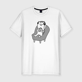 Мужская футболка хлопок Slim с принтом Кот на релаксе | Cat | Кошка в Тюмени, 92% хлопок, 8% лайкра | приталенный силуэт, круглый вырез ворота, длина до линии бедра, короткий рукав | cat | relax | кот | кошка | релакс