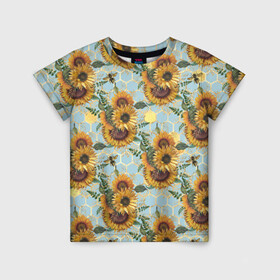 Детская футболка 3D с принтом Подсолнухи и пчёлы на голубом в Тюмени, 100% гипоаллергенный полиэфир | прямой крой, круглый вырез горловины, длина до линии бедер, чуть спущенное плечо, ткань немного тянется | Тематика изображения на принте: bee | bees | blue sky | fashion | flowers | flowers lovers | honey | sunflower | sunflowers | букет подсолнухов | весенние подсолнухи | голубое небо | жёлтые подсолнухи | летние подсолнухи | летние цветы | мёд | медовые соты