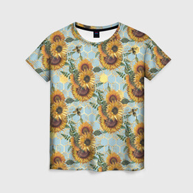 Женская футболка 3D с принтом Подсолнухи и пчёлы на голубом в Тюмени, 100% полиэфир ( синтетическое хлопкоподобное полотно) | прямой крой, круглый вырез горловины, длина до линии бедер | bee | bees | blue sky | fashion | flowers | flowers lovers | honey | sunflower | sunflowers | букет подсолнухов | весенние подсолнухи | голубое небо | жёлтые подсолнухи | летние подсолнухи | летние цветы | мёд | медовые соты
