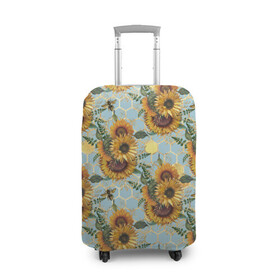 Чехол для чемодана 3D с принтом Подсолнухи и пчёлы на голубом в Тюмени, 86% полиэфир, 14% спандекс | двустороннее нанесение принта, прорези для ручек и колес | bee | bees | blue sky | fashion | flowers | flowers lovers | honey | sunflower | sunflowers | букет подсолнухов | весенние подсолнухи | голубое небо | жёлтые подсолнухи | летние подсолнухи | летние цветы | мёд | медовые соты