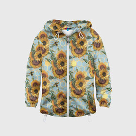 Детская ветровка 3D с принтом Подсолнухи и пчёлы на голубом в Тюмени, 100% полиэстер | подол и капюшон оформлены резинкой с фиксаторами, по бокам два кармана без застежек, один потайной карман на груди | bee | bees | blue sky | fashion | flowers | flowers lovers | honey | sunflower | sunflowers | букет подсолнухов | весенние подсолнухи | голубое небо | жёлтые подсолнухи | летние подсолнухи | летние цветы | мёд | медовые соты