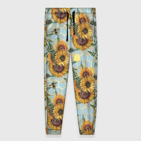 Женские брюки 3D с принтом Подсолнухи и пчёлы на голубом в Тюмени, полиэстер 100% | прямой крой, два кармана без застежек по бокам, с мягкой трикотажной резинкой на поясе и по низу штанин. В поясе для дополнительного комфорта — широкие завязки | bee | bees | blue sky | fashion | flowers | flowers lovers | honey | sunflower | sunflowers | букет подсолнухов | весенние подсолнухи | голубое небо | жёлтые подсолнухи | летние подсолнухи | летние цветы | мёд | медовые соты